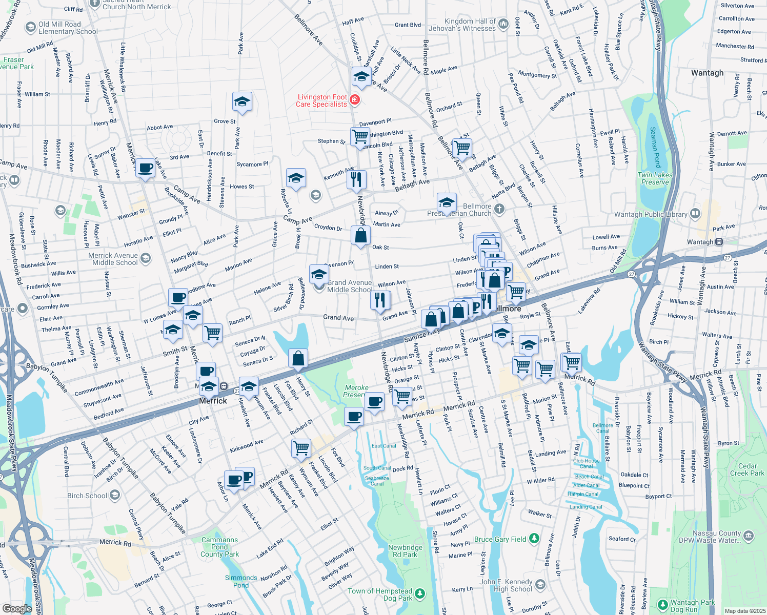map of restaurants, bars, coffee shops, grocery stores, and more near 210 Marlboro Pl in Bellmore