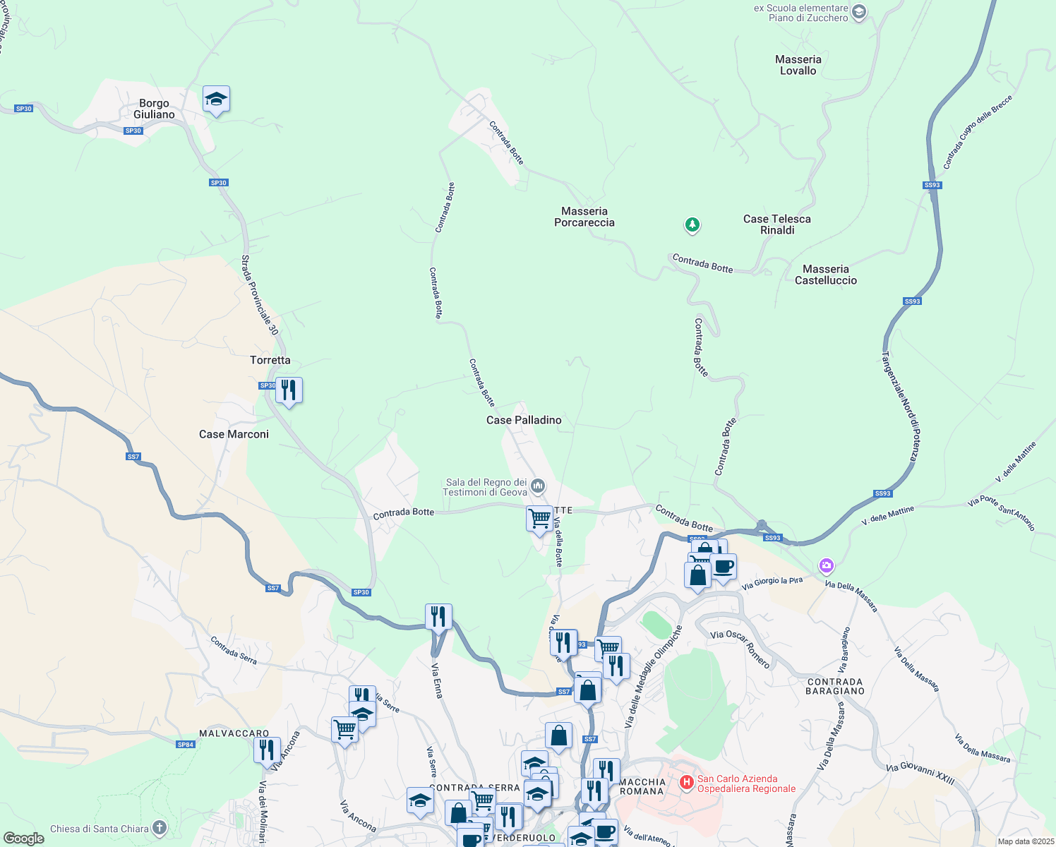 map of restaurants, bars, coffee shops, grocery stores, and more near 46 Via Praticello in Case Palladino