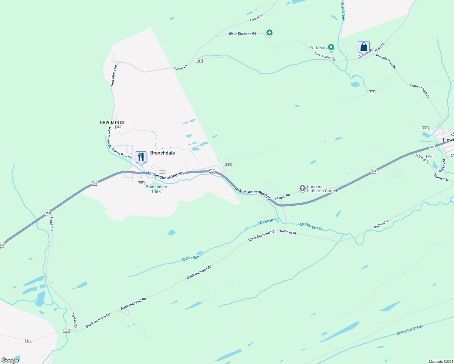 map of restaurants, bars, coffee shops, grocery stores, and more near 568 Bunting Street in Pottsville