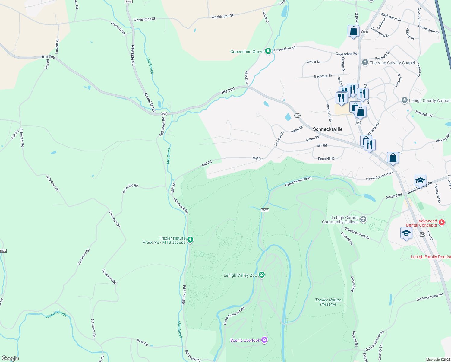 map of restaurants, bars, coffee shops, grocery stores, and more near in Schnecksville