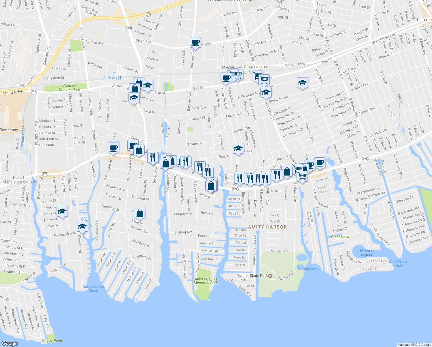 map of restaurants, bars, coffee shops, grocery stores, and more near 22 Walter Street in Amityville