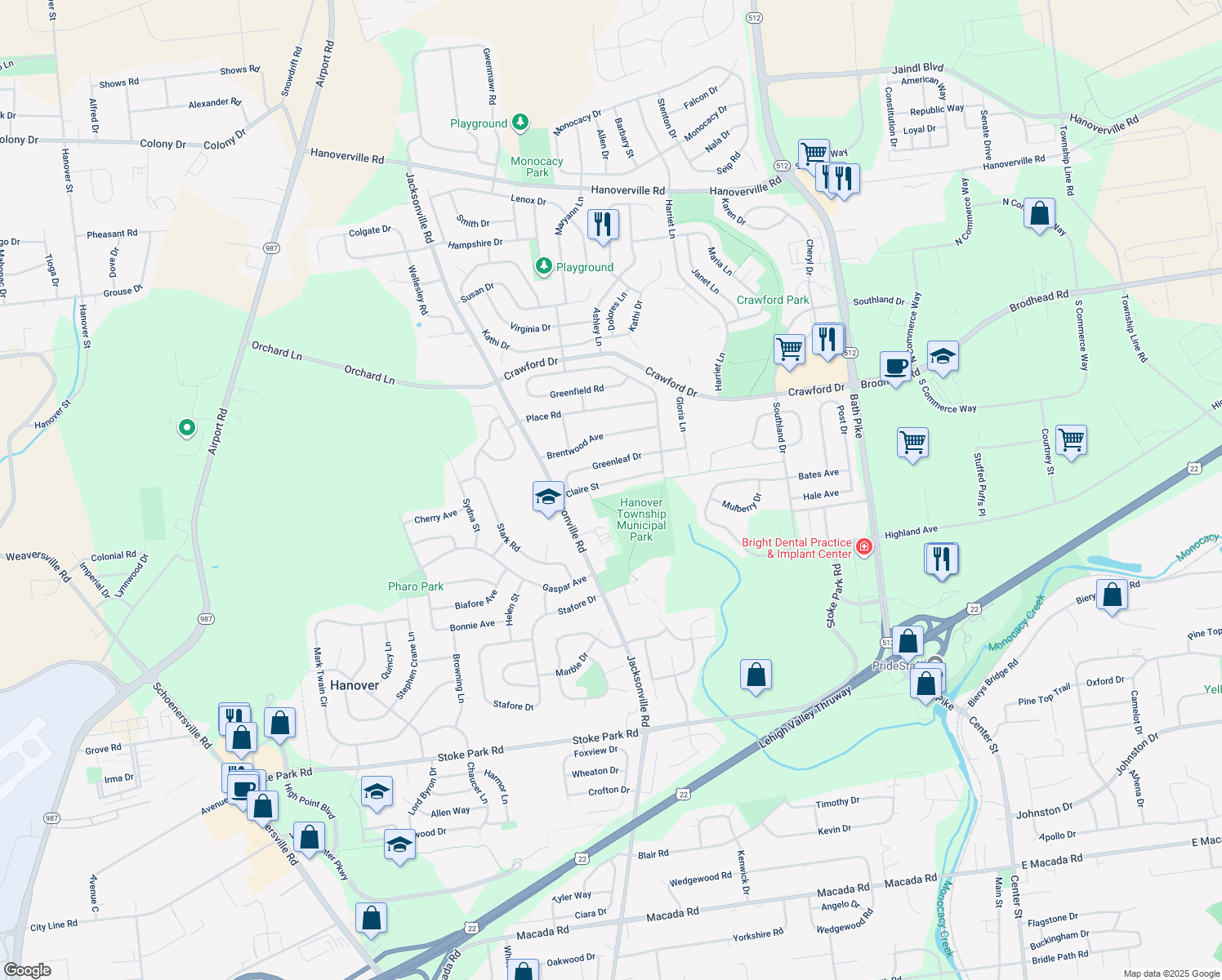 map of restaurants, bars, coffee shops, grocery stores, and more near 1145 Claire St in Bethlehem