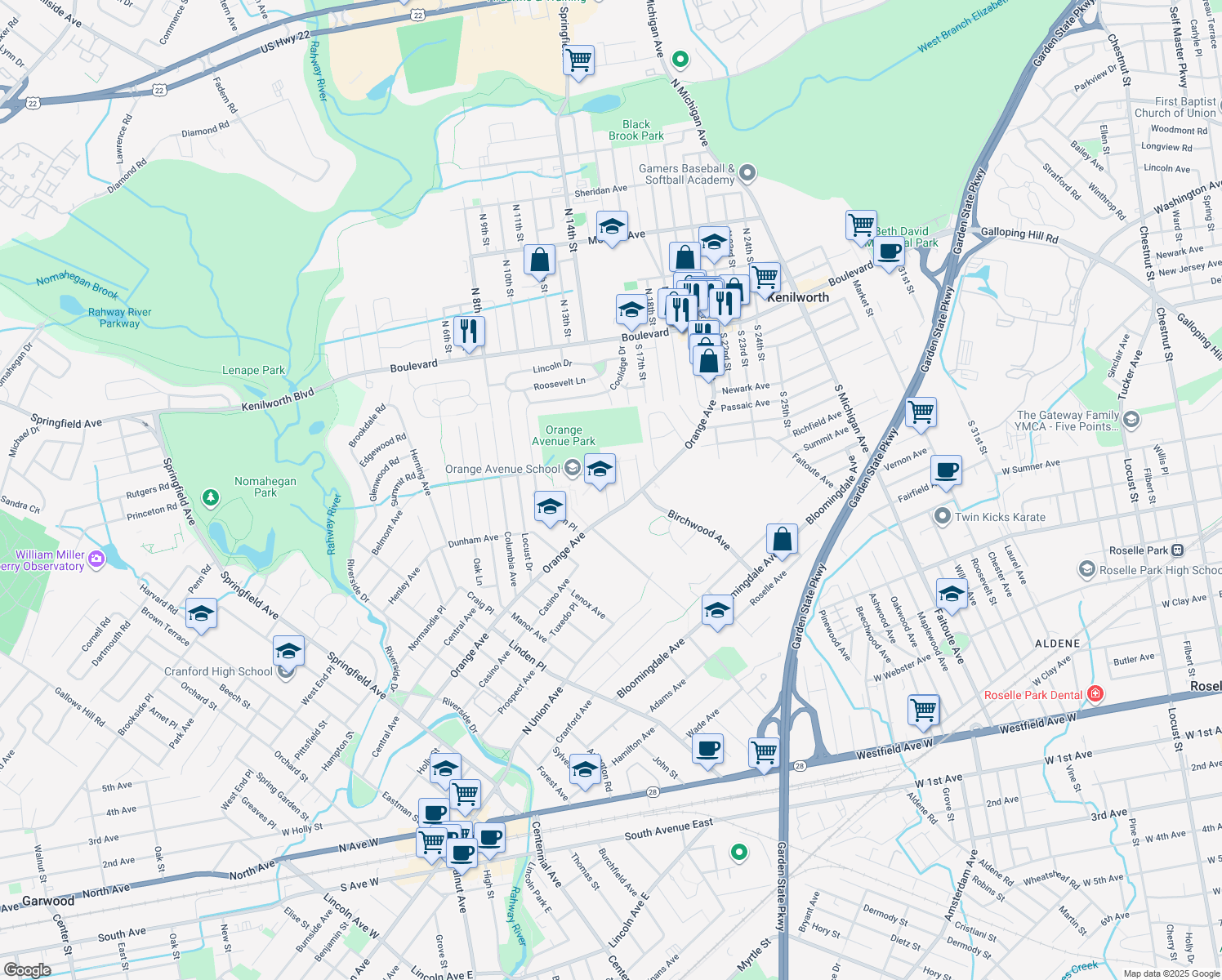 map of restaurants, bars, coffee shops, grocery stores, and more near 14 Hazel Street in Cranford