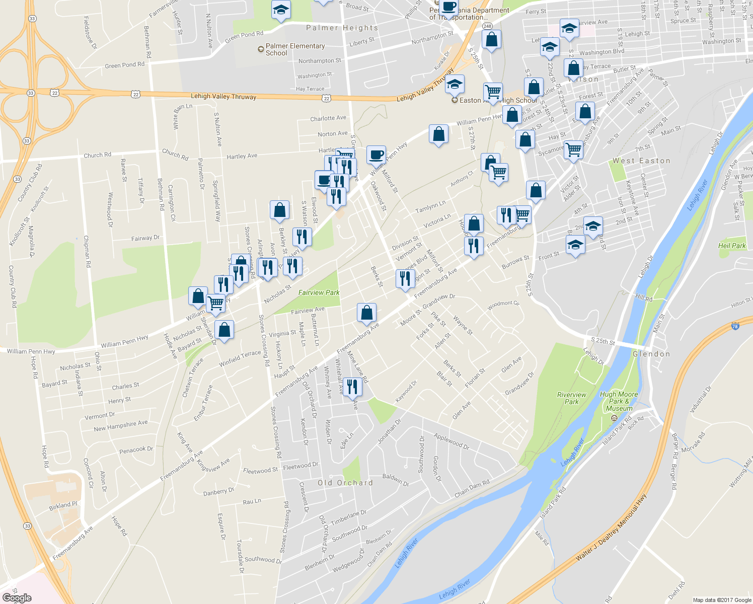 map of restaurants, bars, coffee shops, grocery stores, and more near 3312 Oregon St in Easton