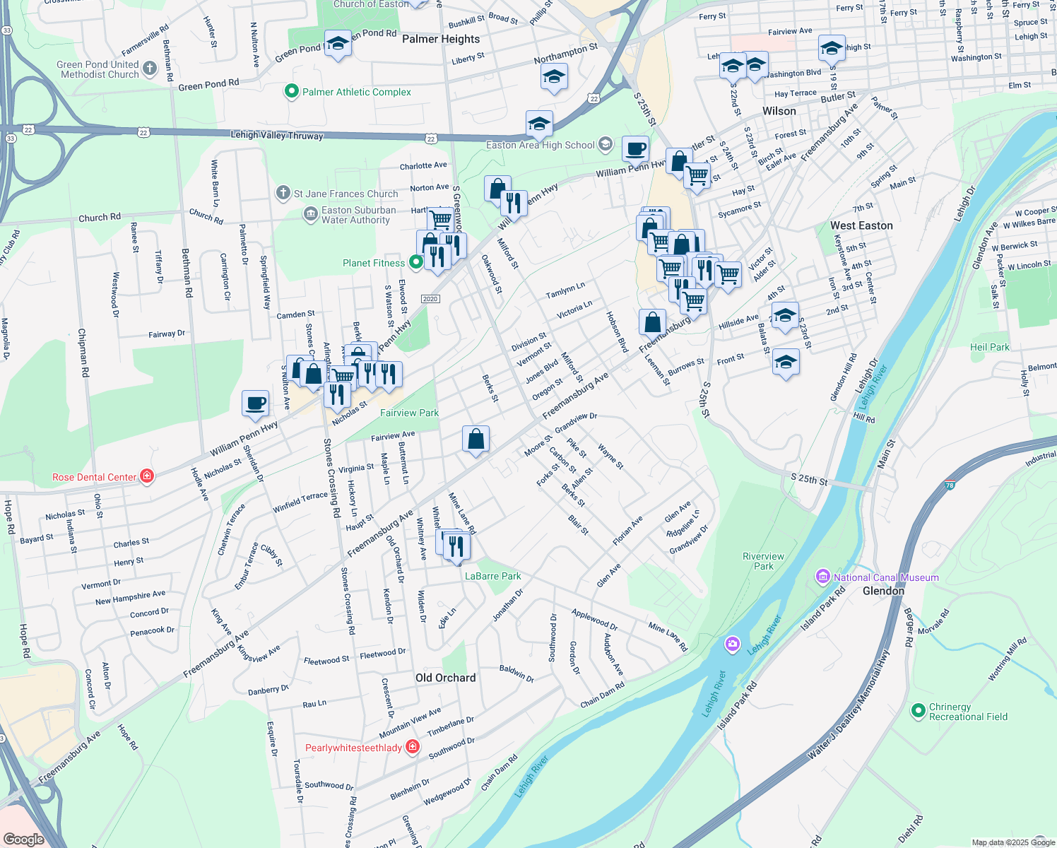map of restaurants, bars, coffee shops, grocery stores, and more near 3211 Freemansburg Avenue in Easton