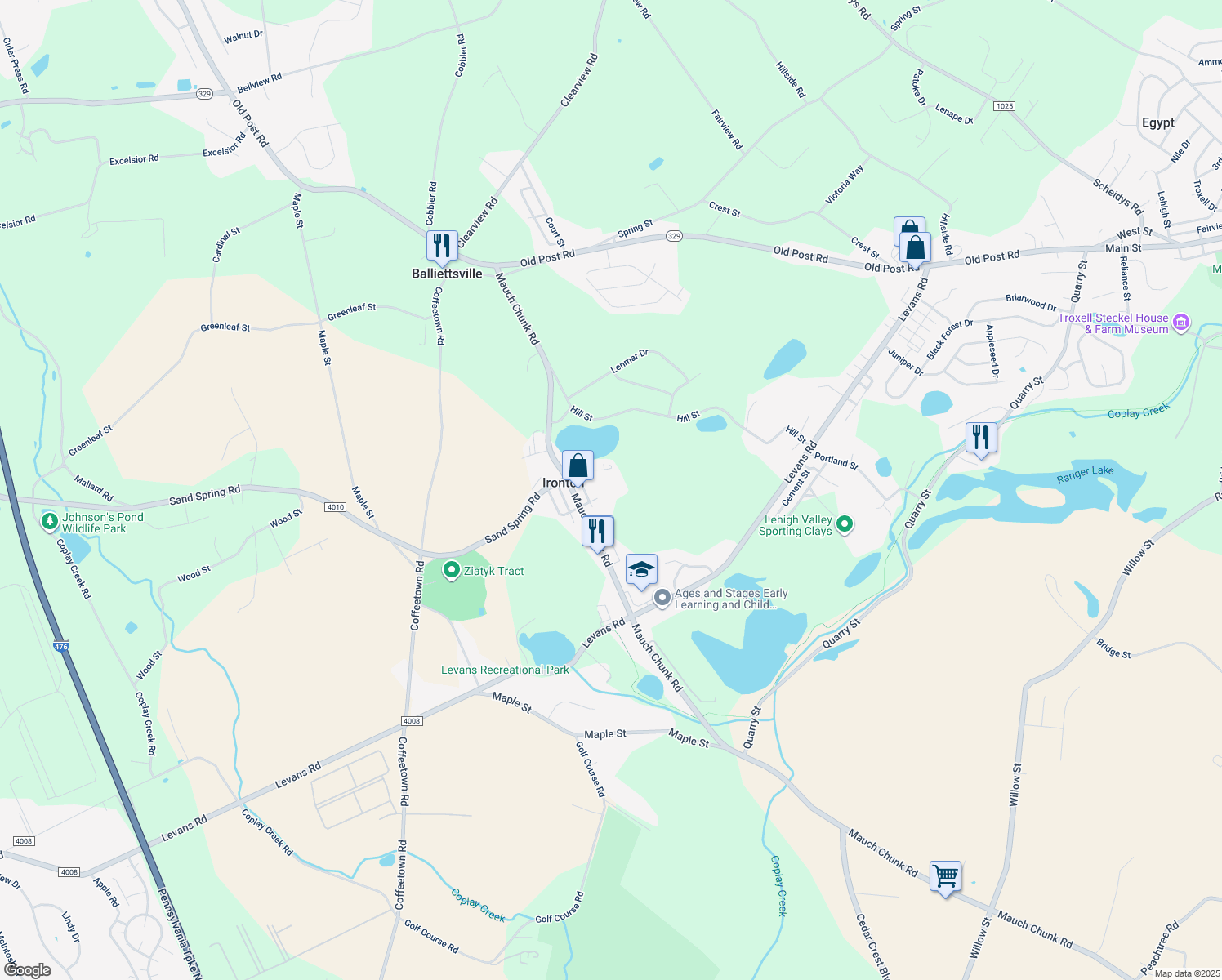 map of restaurants, bars, coffee shops, grocery stores, and more near 4070 Penn Street in Coplay