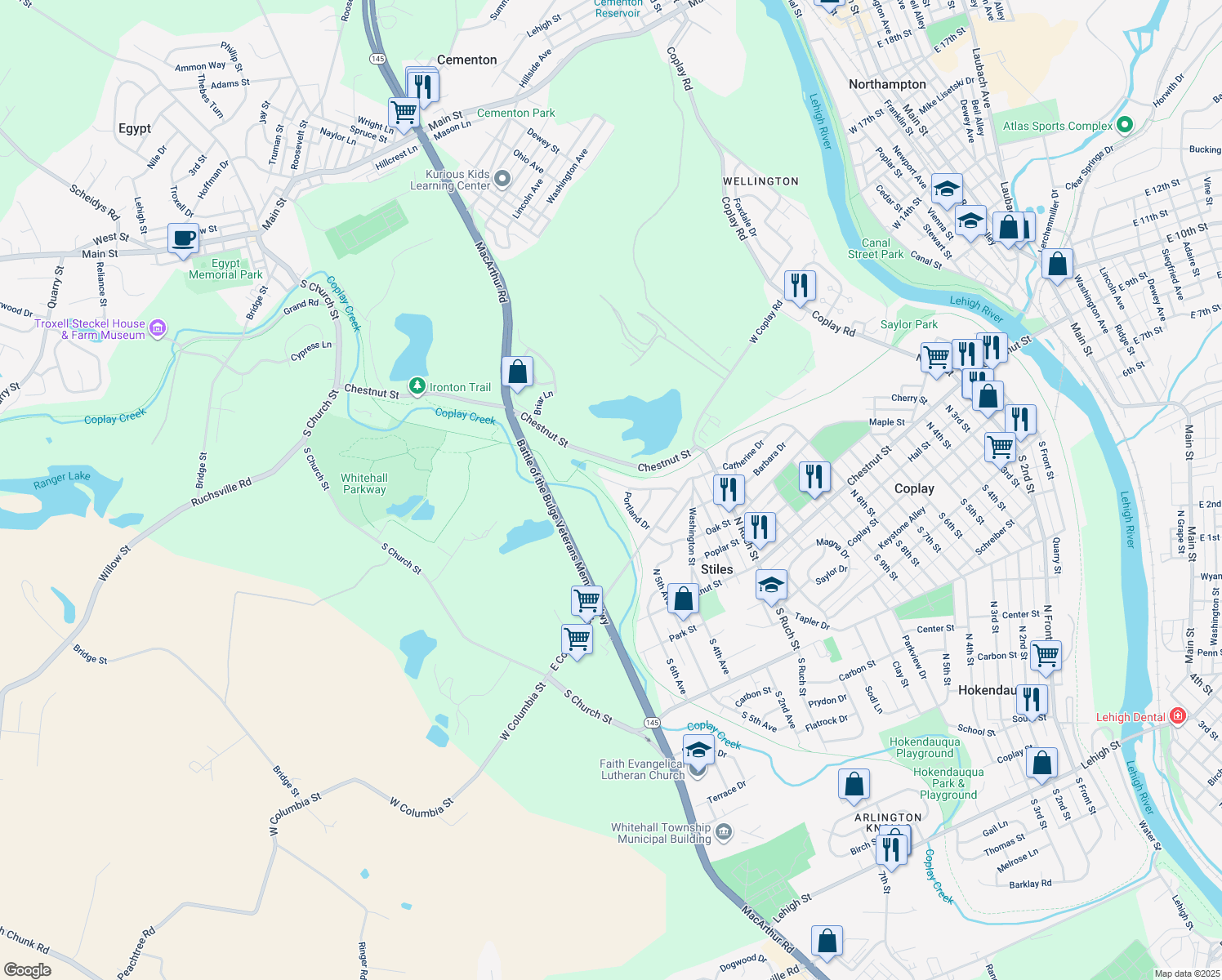map of restaurants, bars, coffee shops, grocery stores, and more near 3524 Limestone Drive in Whitehall