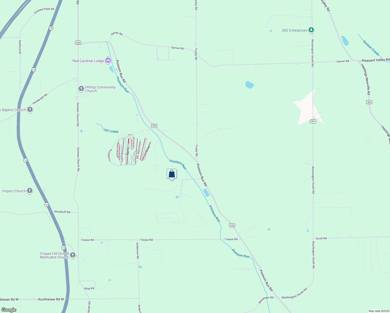 map of restaurants, bars, coffee shops, grocery stores, and more near 3475 O'Possum Run Road in Mansfield