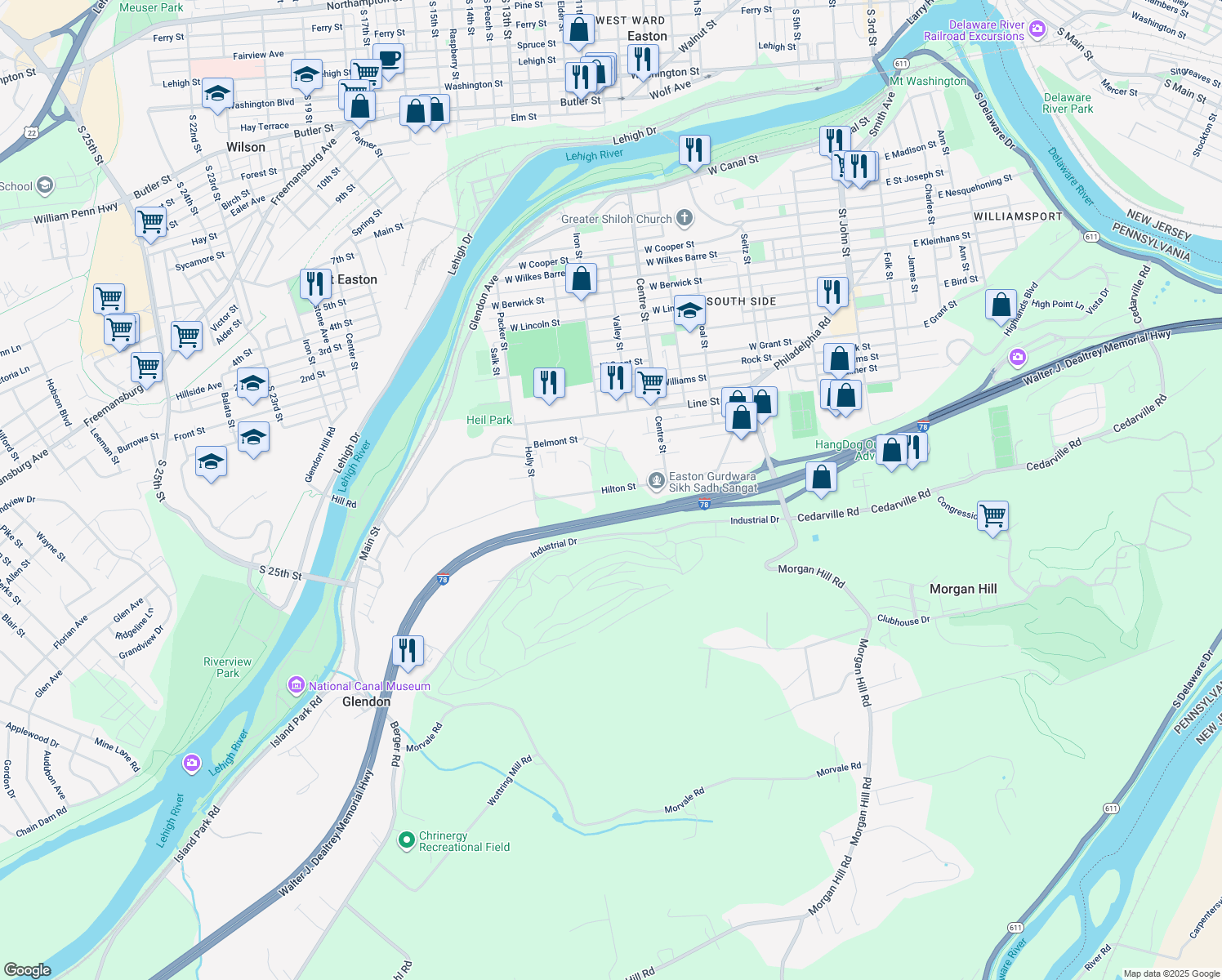 map of restaurants, bars, coffee shops, grocery stores, and more near 10 Hilton Street in Easton