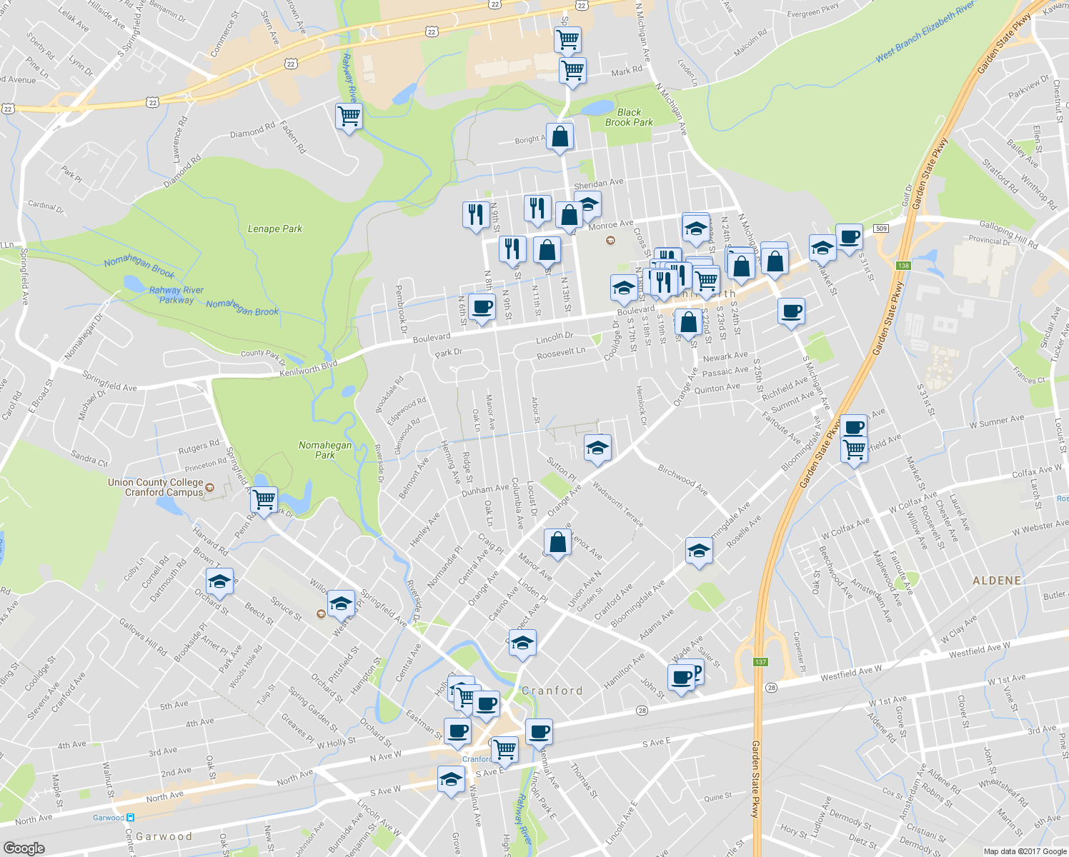 map of restaurants, bars, coffee shops, grocery stores, and more near 201 Arbor Street in Cranford