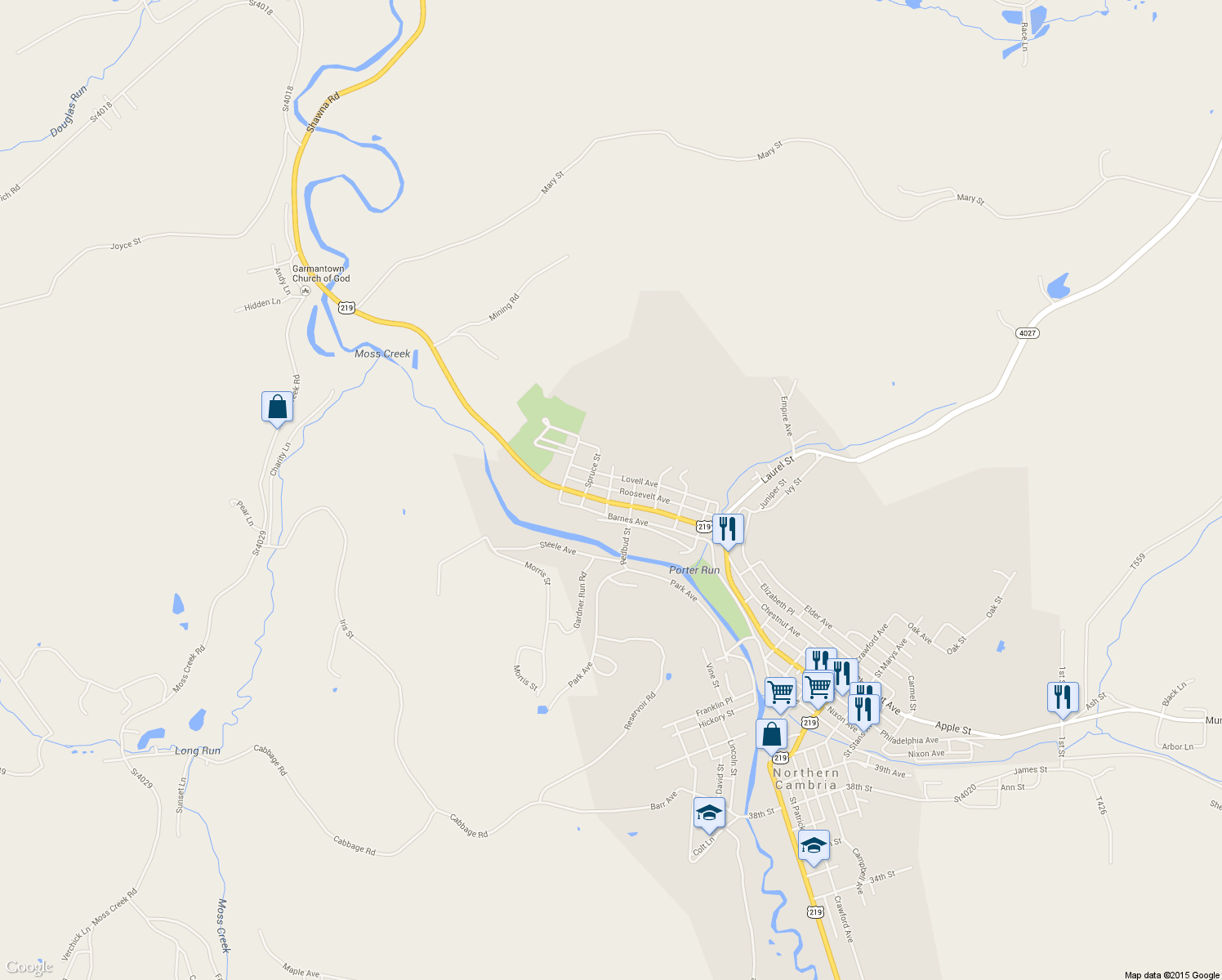 map of restaurants, bars, coffee shops, grocery stores, and more near Sassafras St in Northern Cambria