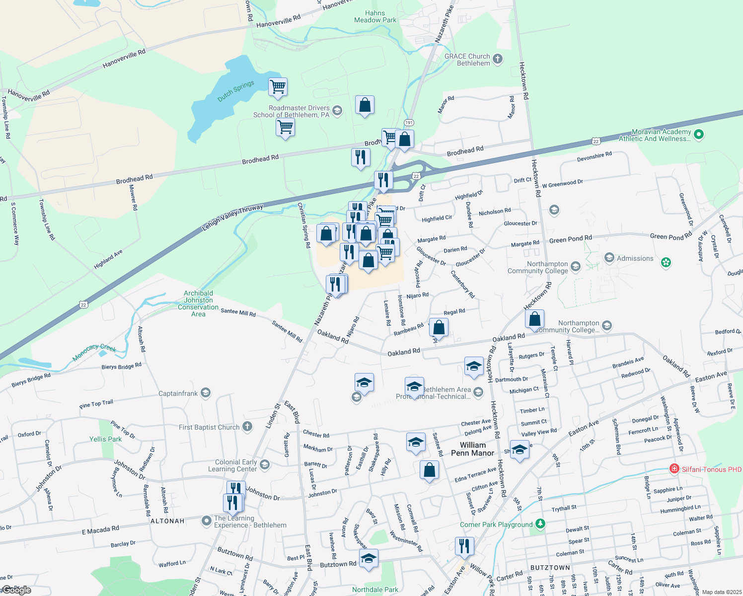 map of restaurants, bars, coffee shops, grocery stores, and more near 2922 Nijaro Rd in Bethlehem