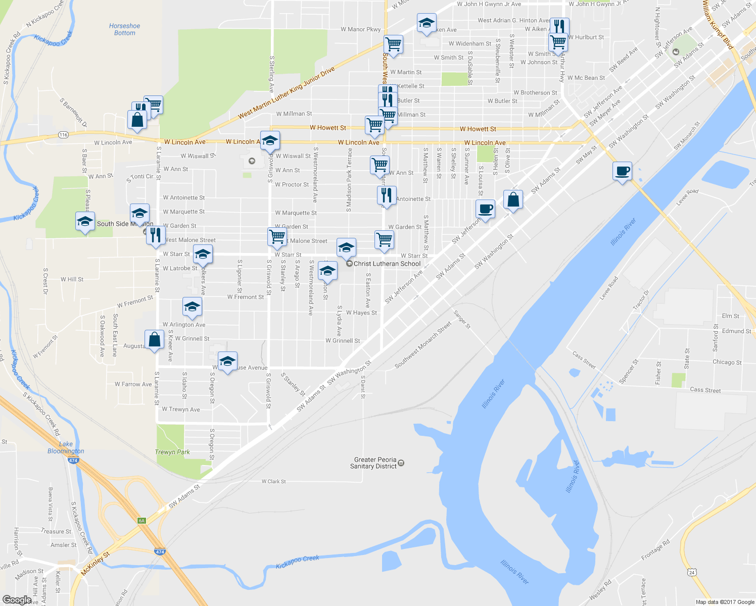 map of restaurants, bars, coffee shops, grocery stores, and more near 1527 S Western Ave in Peoria