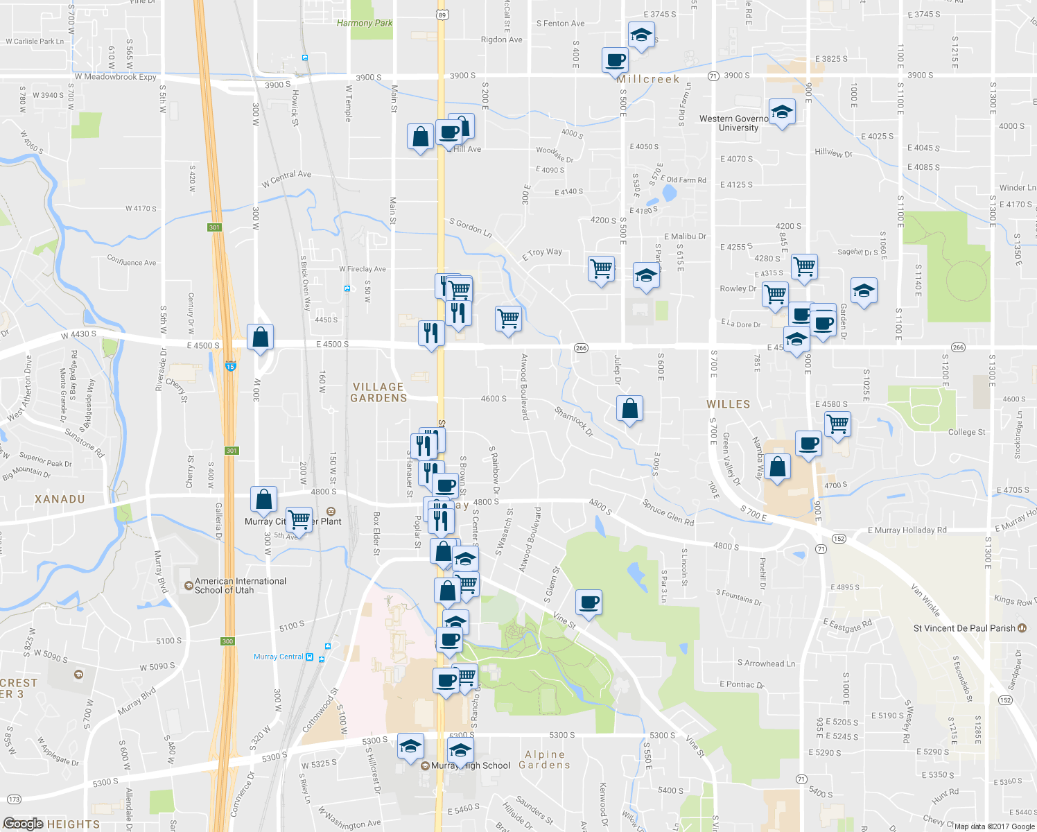 map of restaurants, bars, coffee shops, grocery stores, and more near 4634 Atwood Boulevard in Murray