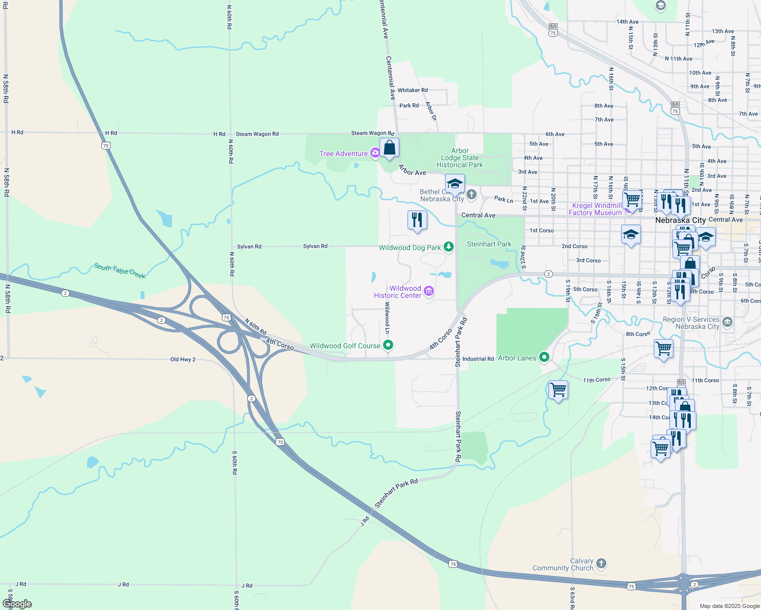map of restaurants, bars, coffee shops, grocery stores, and more near 145 Arborview Dr in Nebraska City