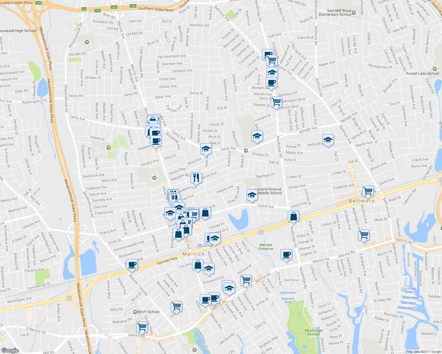map of restaurants, bars, coffee shops, grocery stores, and more near 170 Woodbine Avenue in Merrick