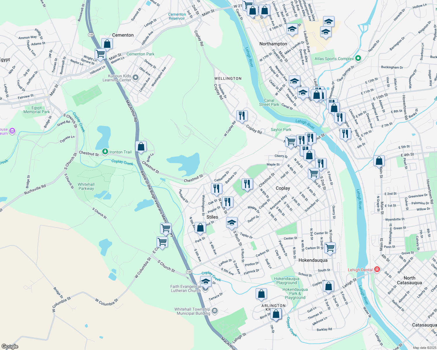 map of restaurants, bars, coffee shops, grocery stores, and more near 1071 Bernice Drive in Coplay