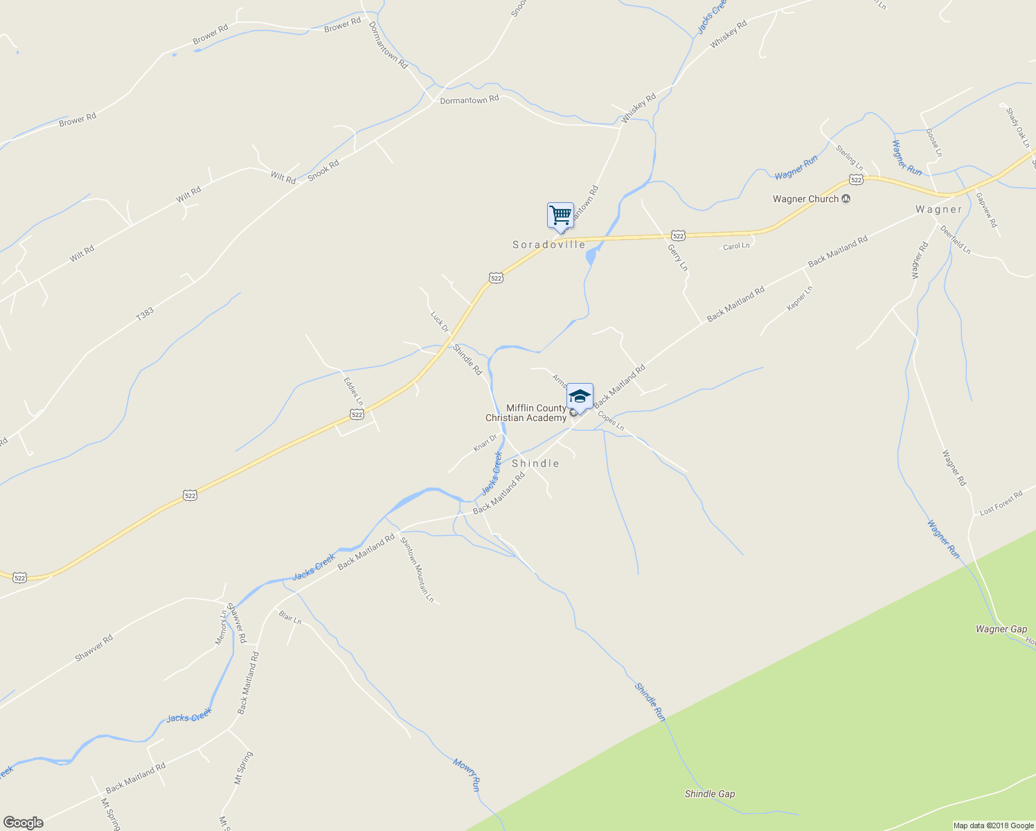 map of restaurants, bars, coffee shops, grocery stores, and more near 63 Shindle Road in McClure