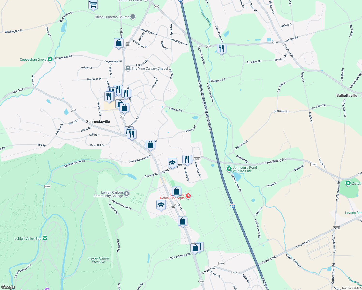 map of restaurants, bars, coffee shops, grocery stores, and more near 4673 Colleen Drive in Schnecksville