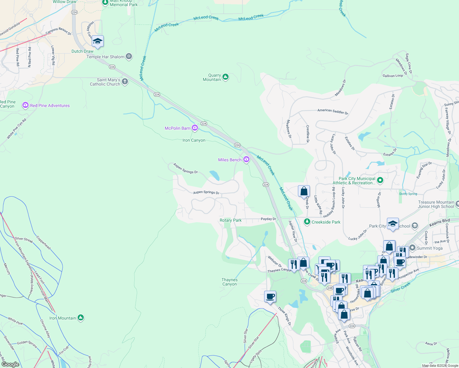 map of restaurants, bars, coffee shops, grocery stores, and more near 2603 Aspen Springs Drive in Park City