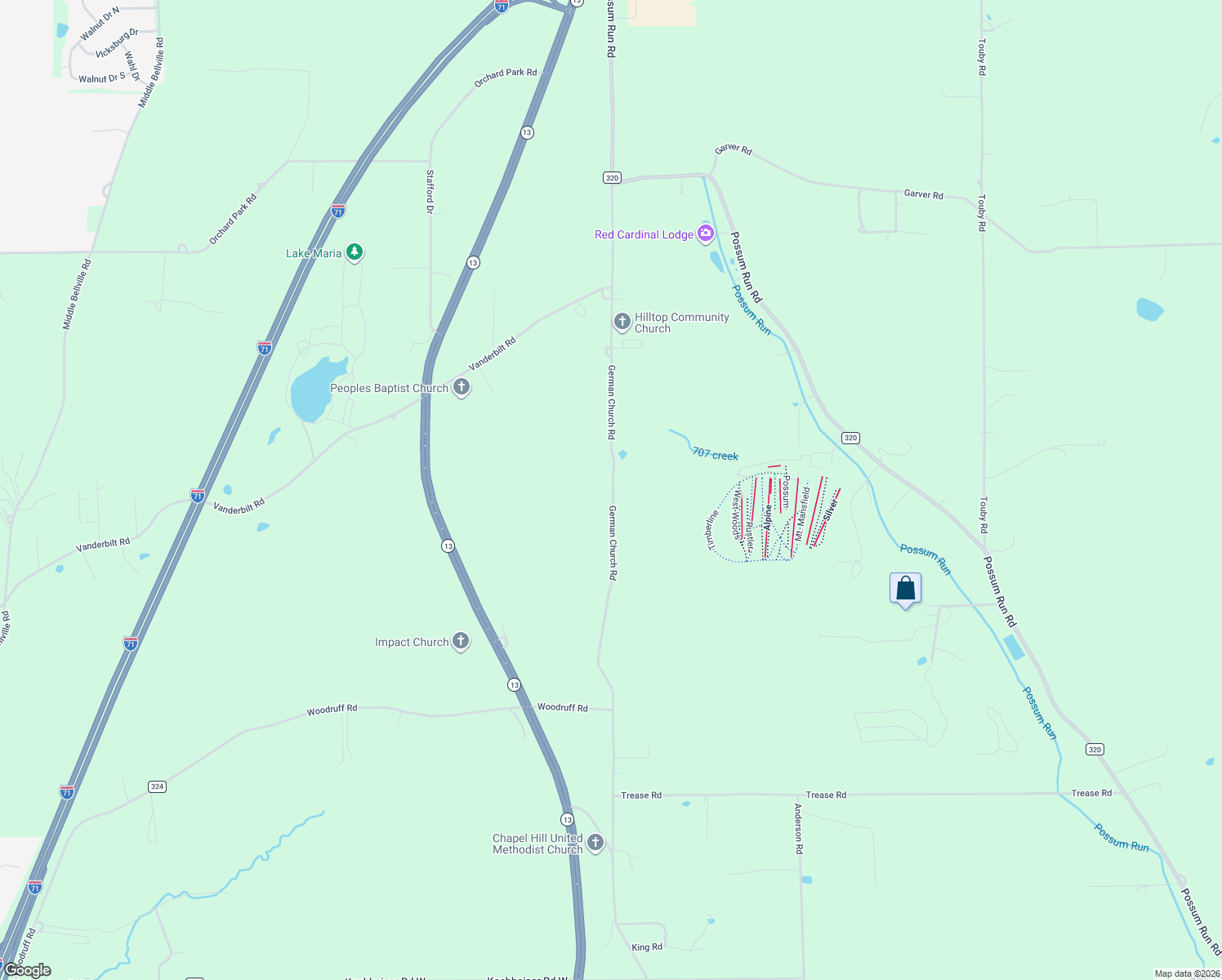 map of restaurants, bars, coffee shops, grocery stores, and more near 3124 German Church Road in Mansfield