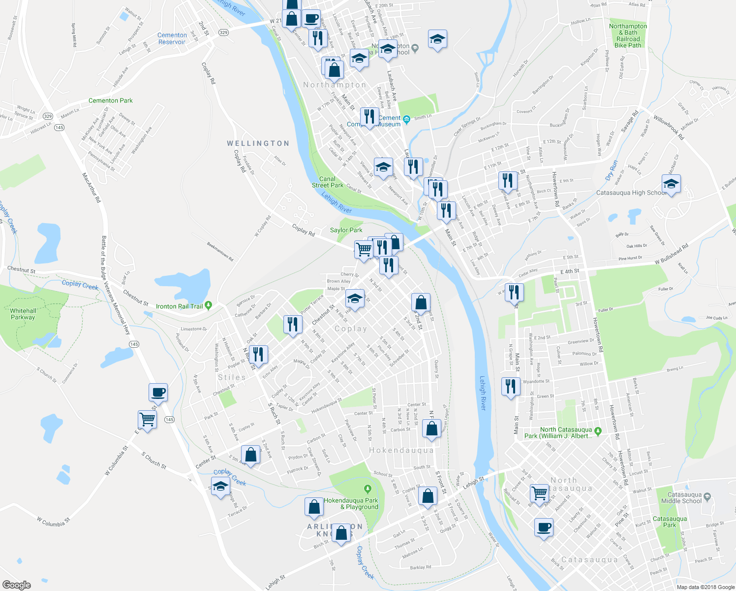 map of restaurants, bars, coffee shops, grocery stores, and more near 27 North 4th Street in Coplay