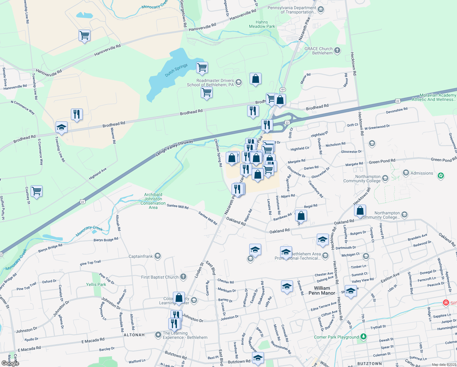 map of restaurants, bars, coffee shops, grocery stores, and more near 3748 Christian Spring Road in Bethlehem