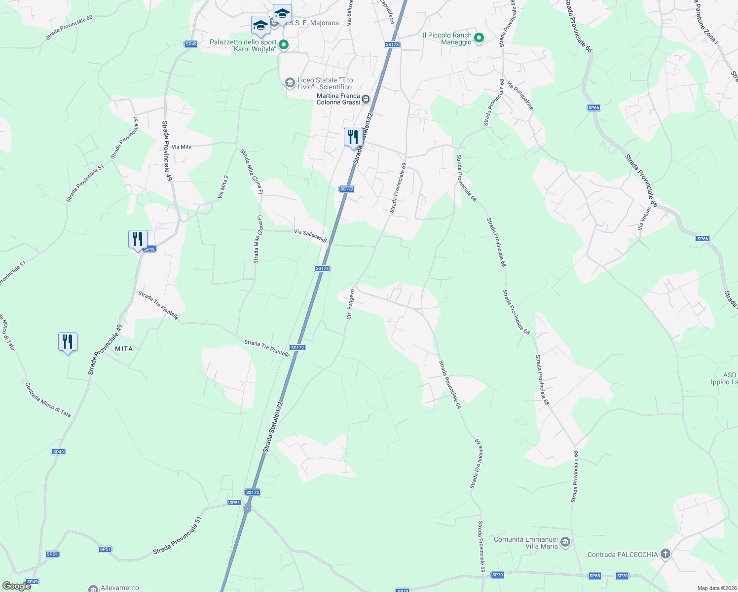 map of restaurants, bars, coffee shops, grocery stores, and more near 10 SP69 in Provincia di Taranto