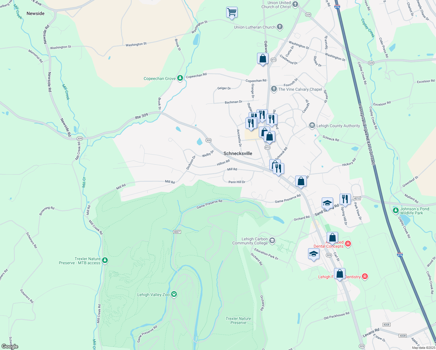 map of restaurants, bars, coffee shops, grocery stores, and more near 4718 Mill Rd in Schnecksville