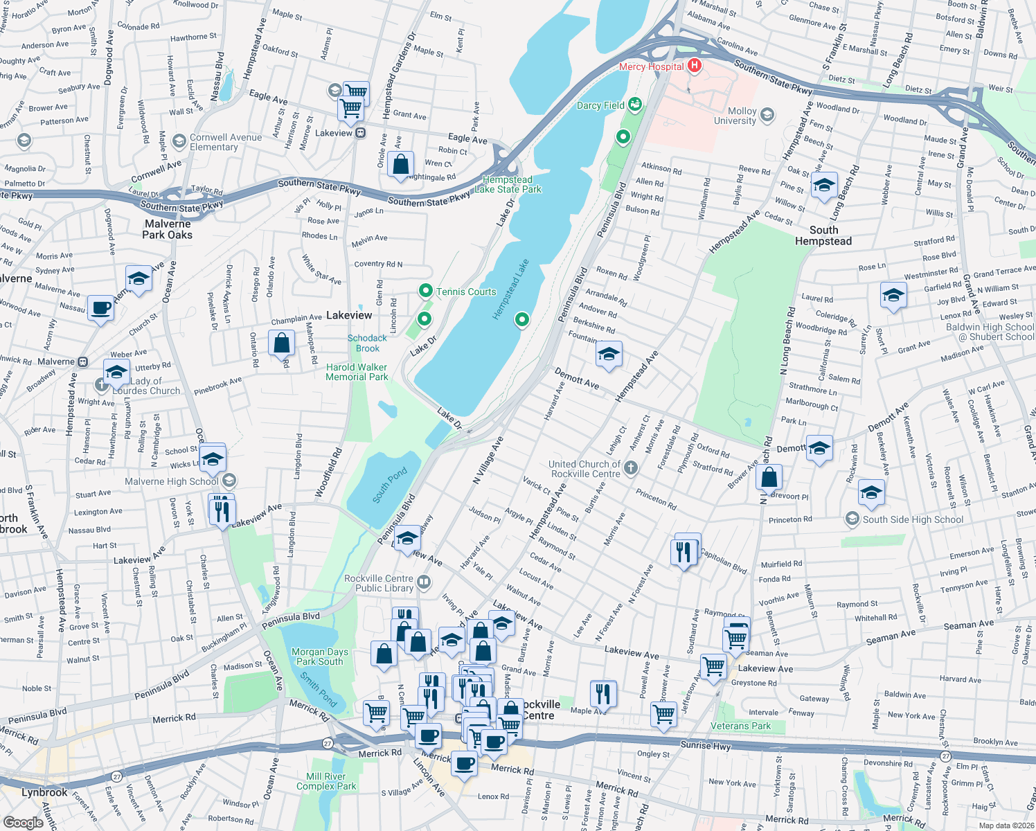 map of restaurants, bars, coffee shops, grocery stores, and more near 505 North Village Avenue in Rockville Centre