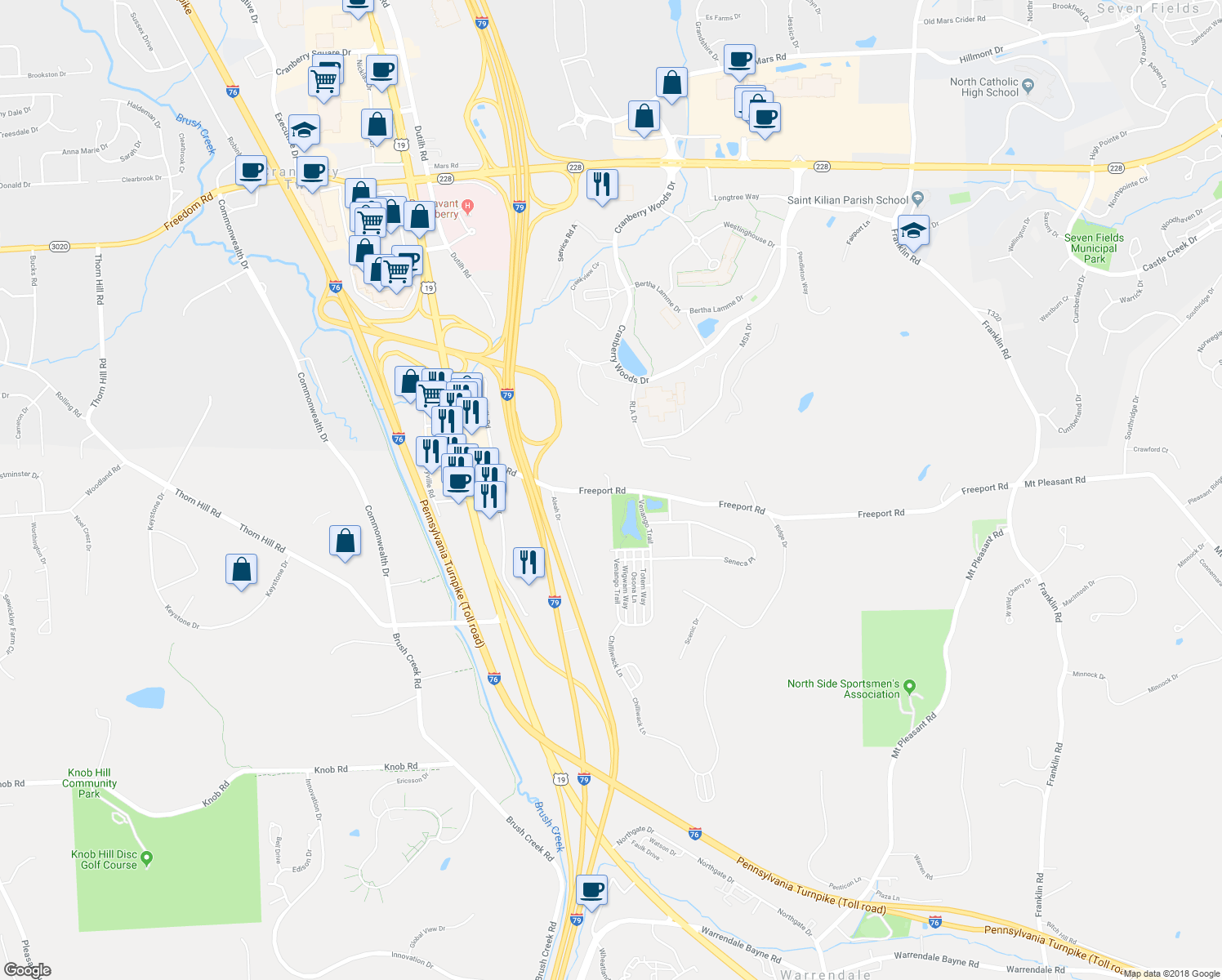 map of restaurants, bars, coffee shops, grocery stores, and more near 1305 Freeport Road in Mars