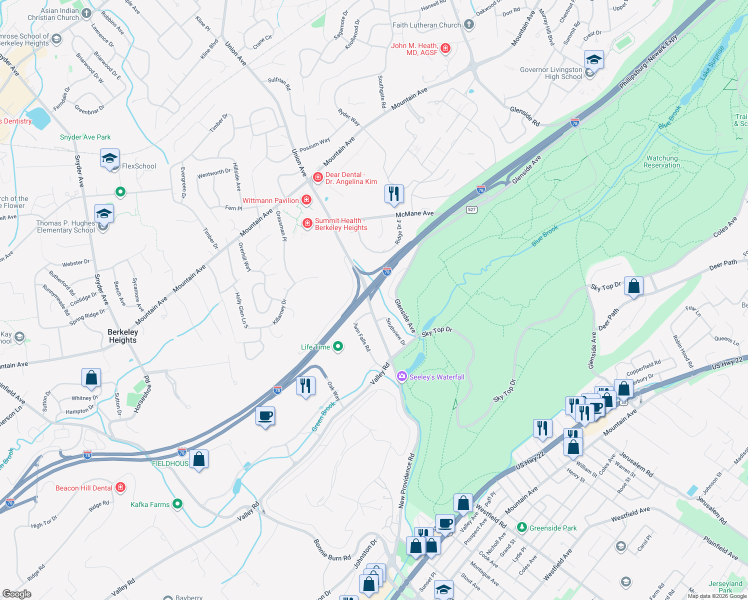 map of restaurants, bars, coffee shops, grocery stores, and more near 258 Diamond Hill Rd in Berkeley Heights