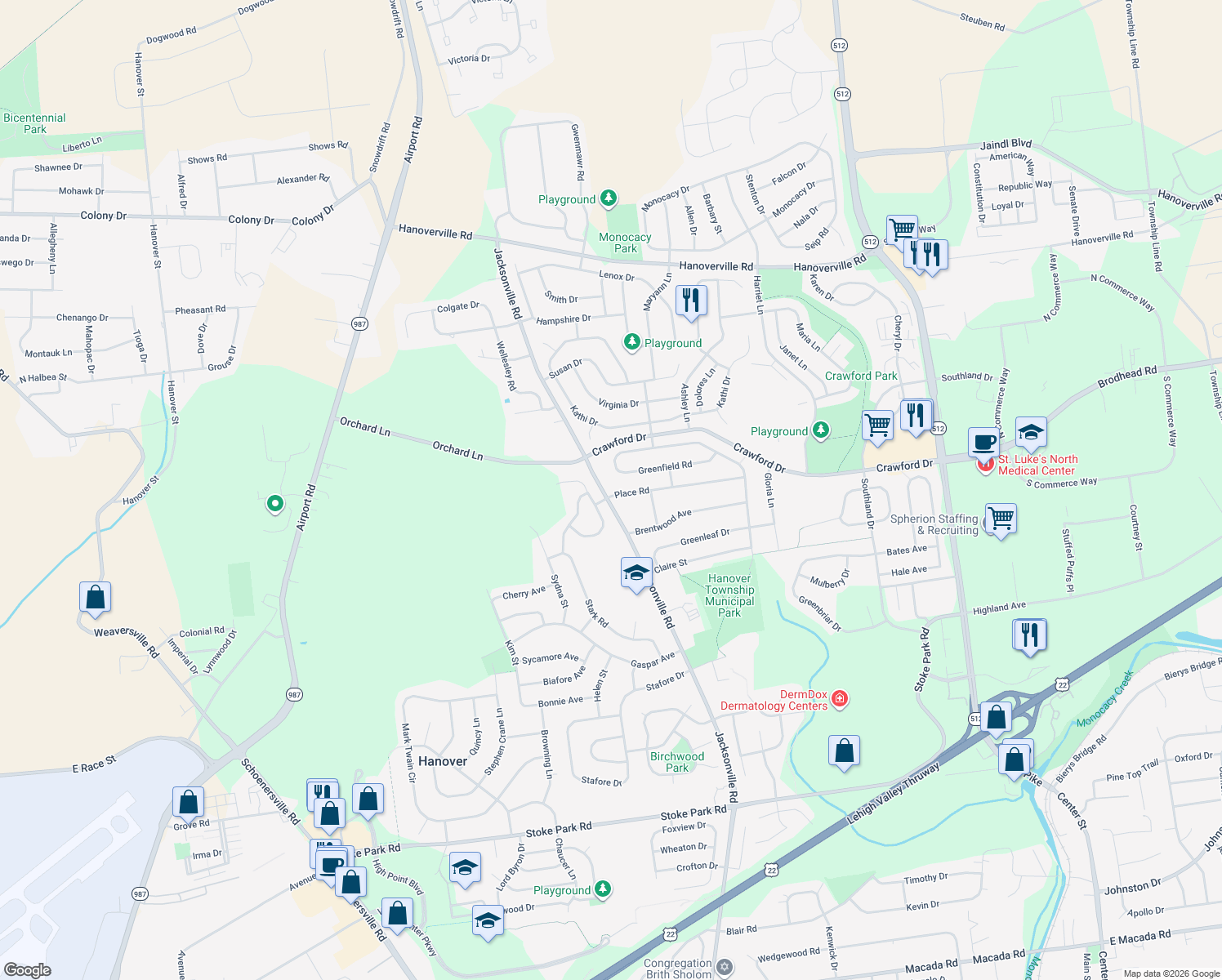 map of restaurants, bars, coffee shops, grocery stores, and more near 4040 Jacksonville Rd in Bethlehem