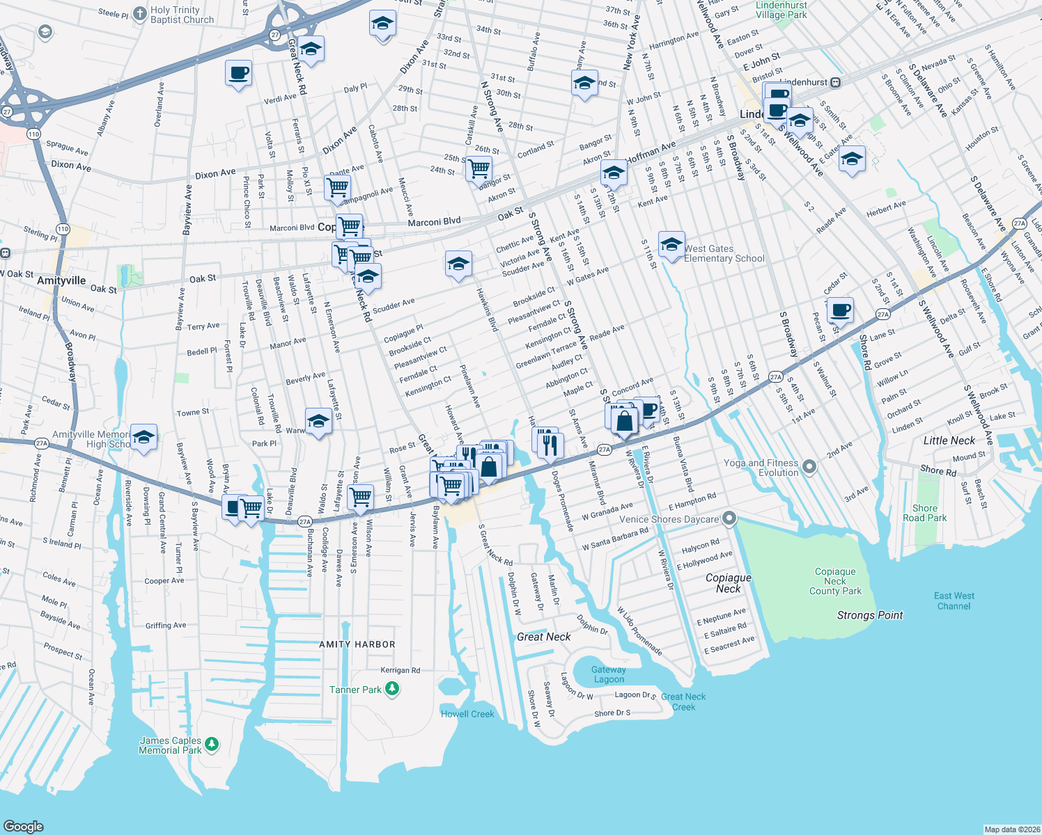 map of restaurants, bars, coffee shops, grocery stores, and more near 200 Maple Ct in Copiague