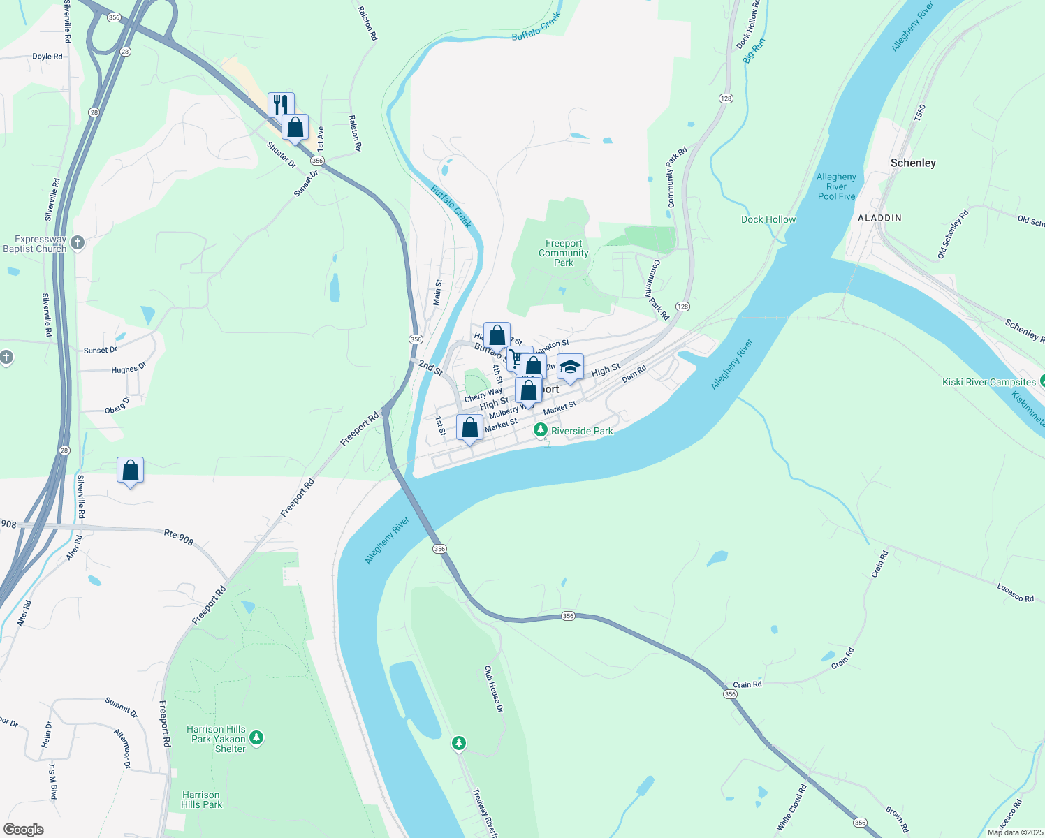 map of restaurants, bars, coffee shops, grocery stores, and more near 419 Market St in Freeport