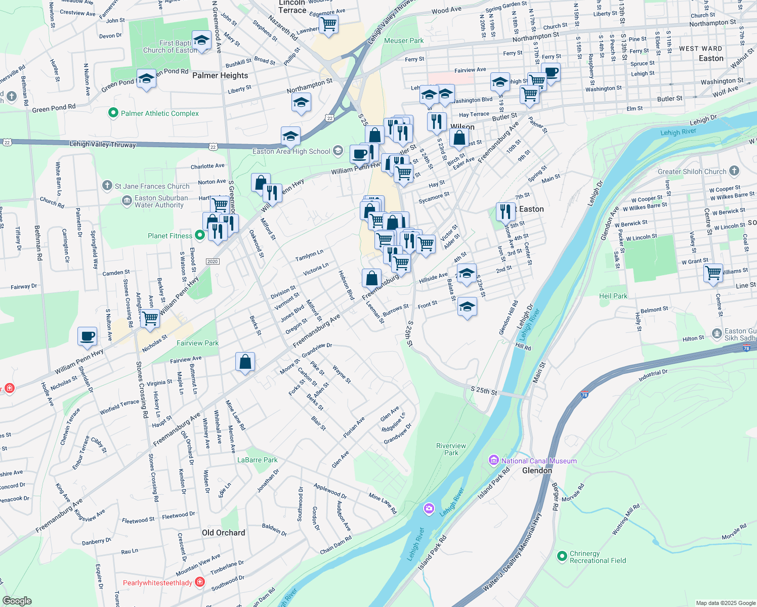 map of restaurants, bars, coffee shops, grocery stores, and more near 1115 Keane Street in Easton