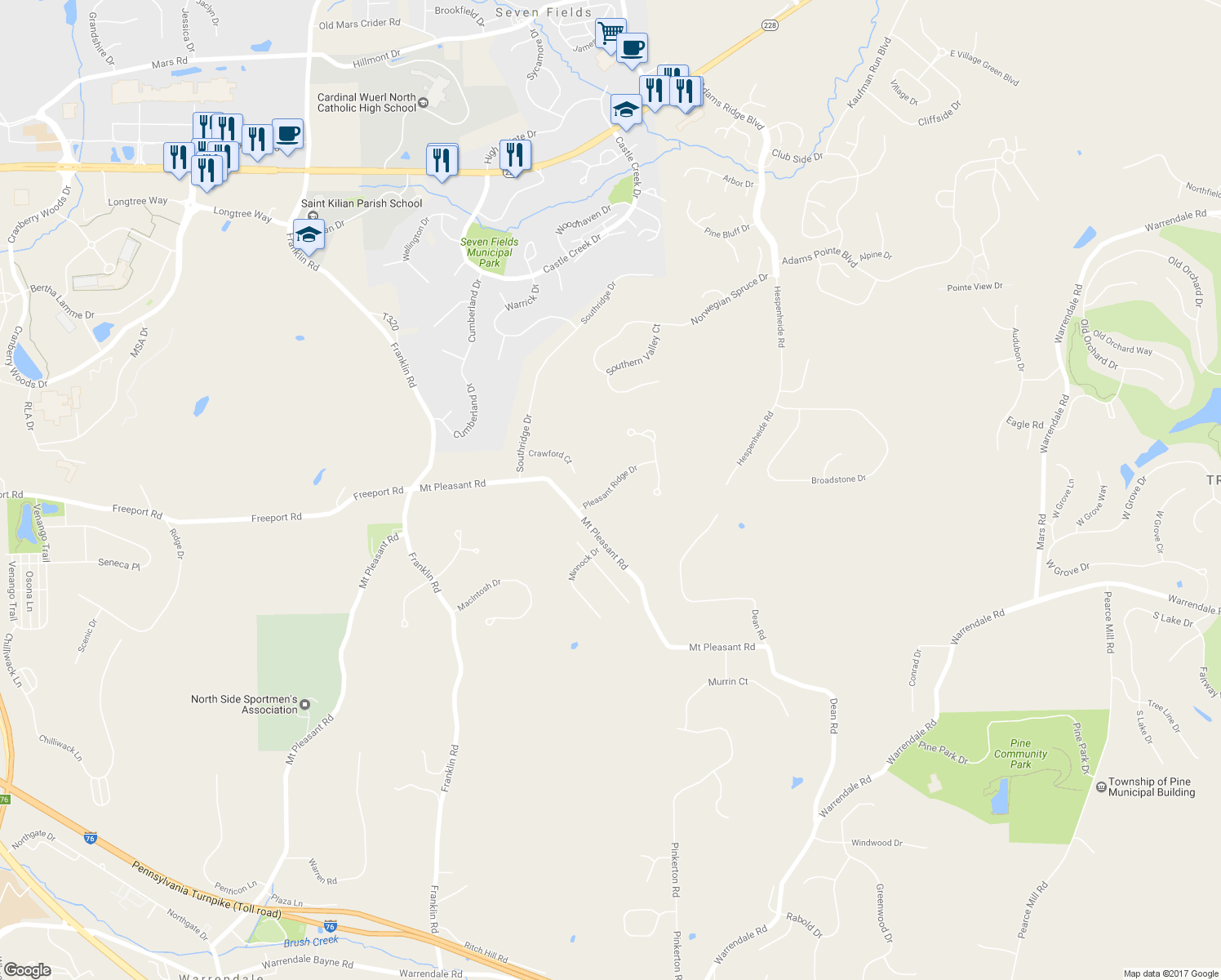 map of restaurants, bars, coffee shops, grocery stores, and more near 1020 Pleasant Ridge Drive in Mars