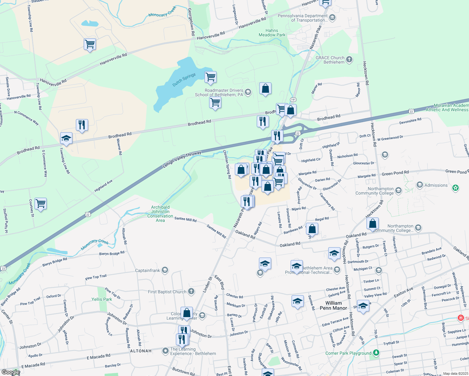 map of restaurants, bars, coffee shops, grocery stores, and more near 3810 Christian Spring Road in Bethlehem