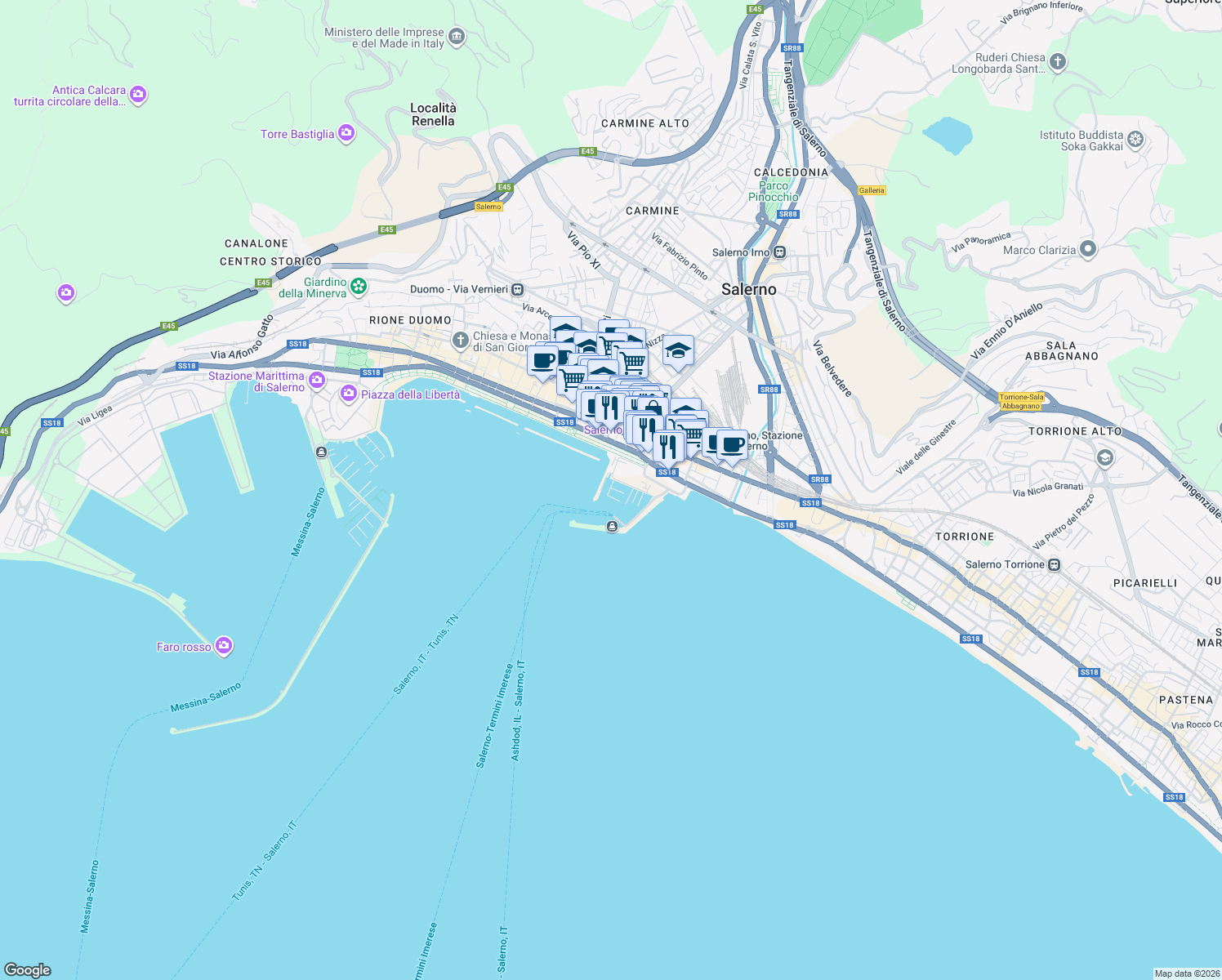 map of restaurants, bars, coffee shops, grocery stores, and more near 38 Lungomare Trieste in Salerno
