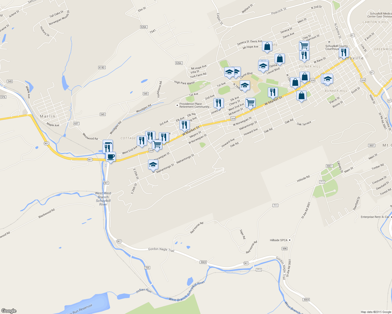 map of restaurants, bars, coffee shops, grocery stores, and more near 2057 Mahantongo Street in Pottsville