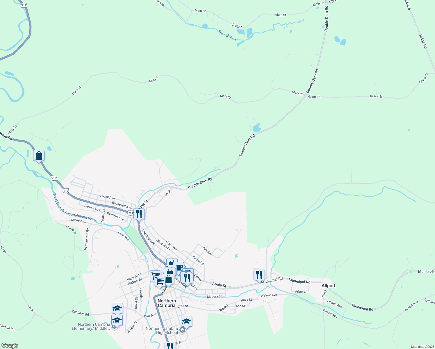 map of restaurants, bars, coffee shops, grocery stores, and more near 149 State Route 4027 in Northern Cambria