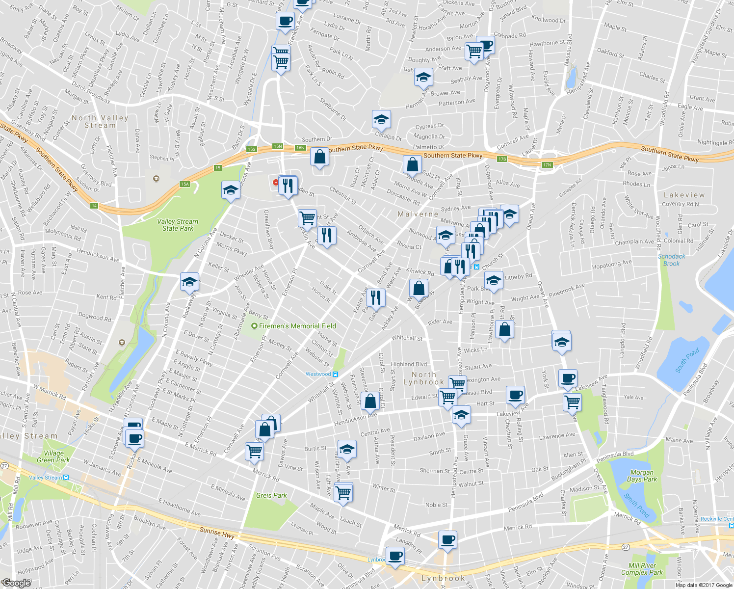 map of restaurants, bars, coffee shops, grocery stores, and more near 23 Foster Avenue in Malverne
