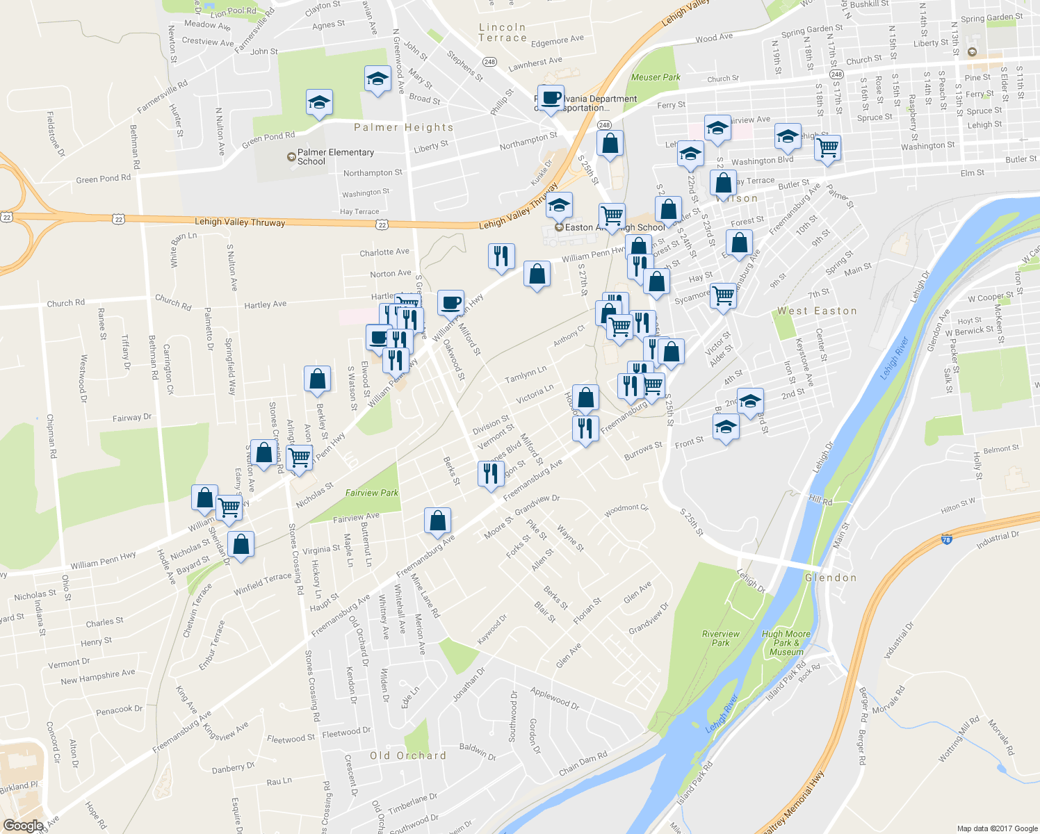 map of restaurants, bars, coffee shops, grocery stores, and more near 2820 Division Street in Easton