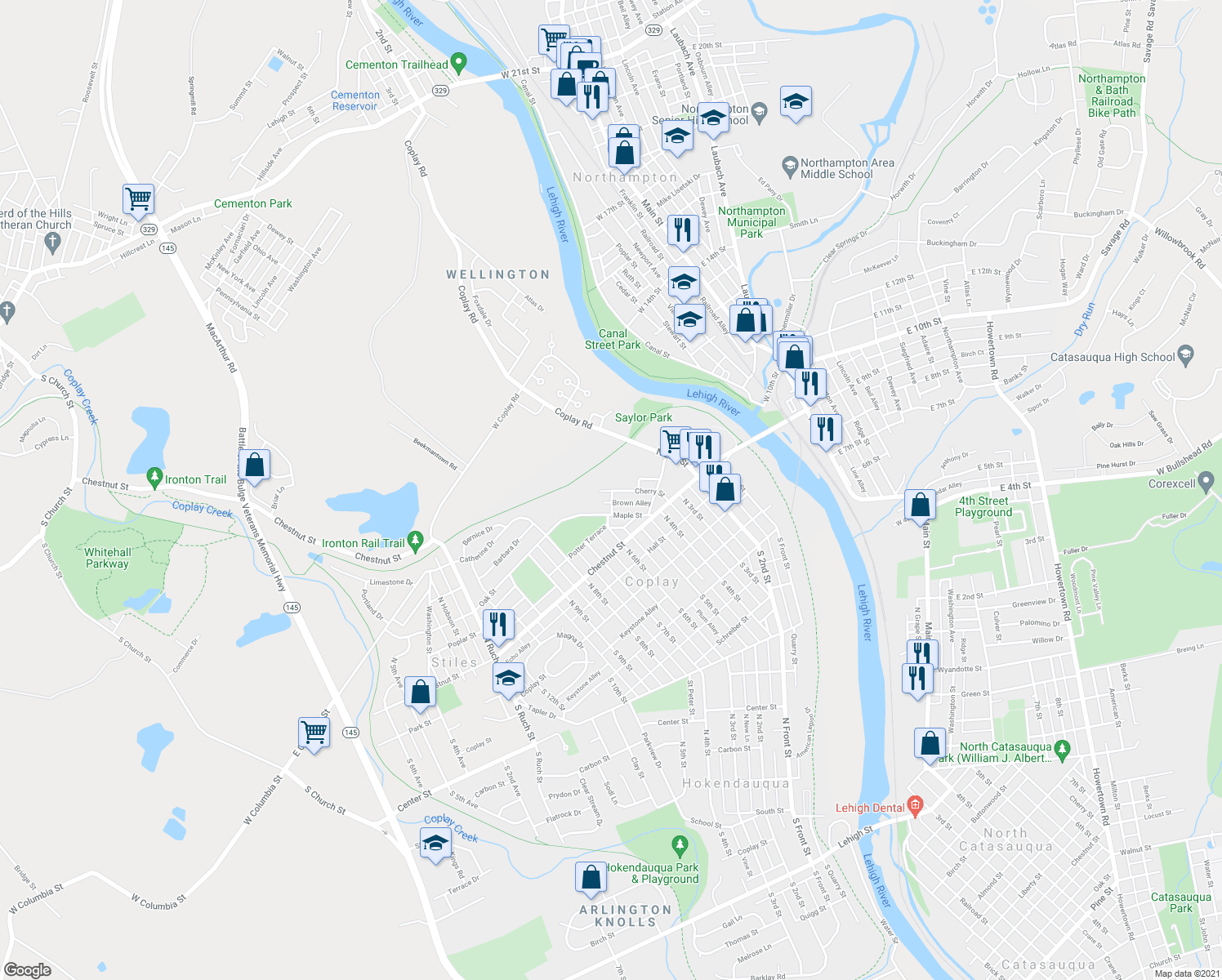 map of restaurants, bars, coffee shops, grocery stores, and more near 300 Cherry St in Coplay