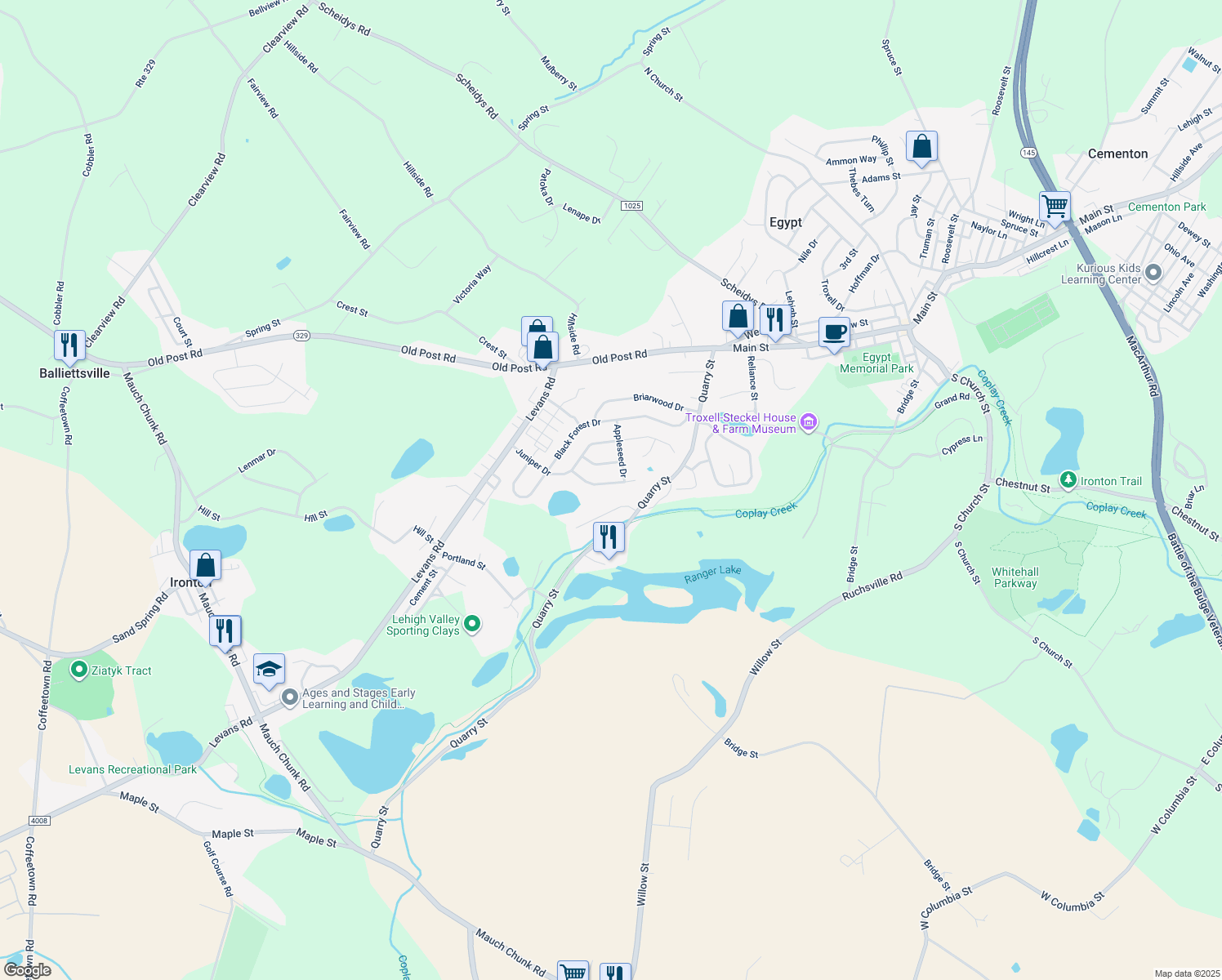 map of restaurants, bars, coffee shops, grocery stores, and more near 2304 Red Maple Dr in Coplay