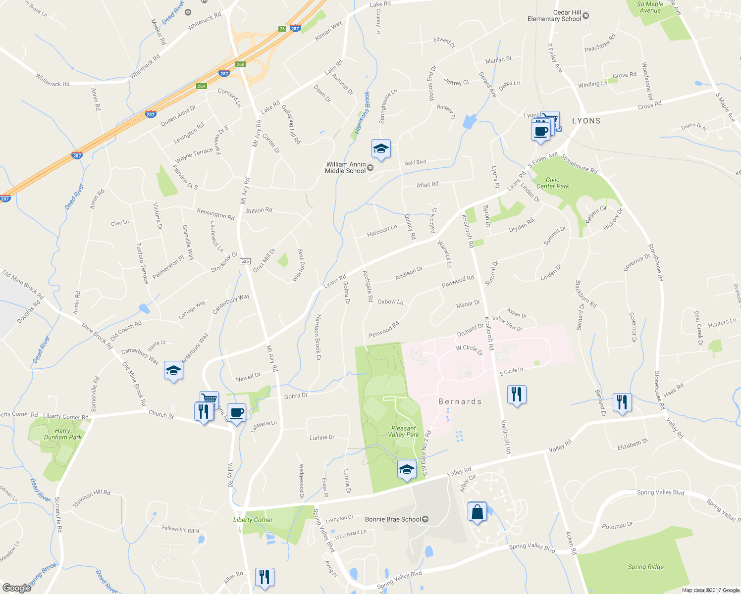 map of restaurants, bars, coffee shops, grocery stores, and more near 30 Archgate Road in Bernards
