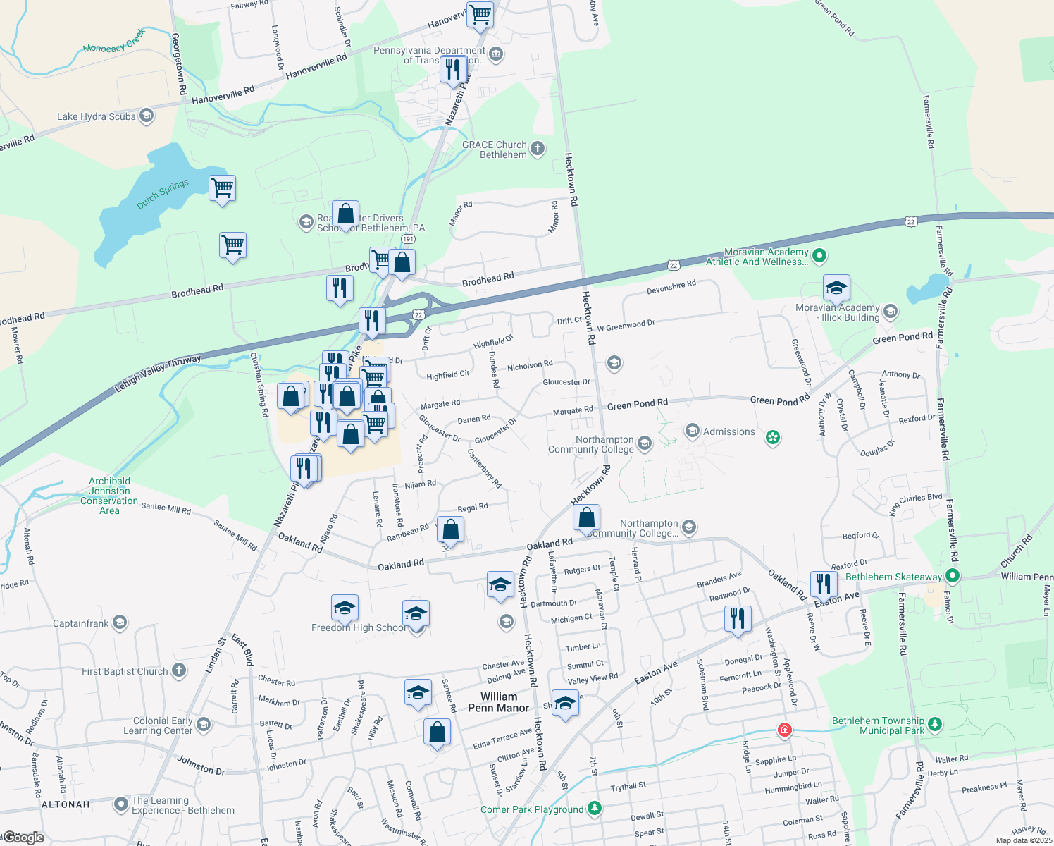 map of restaurants, bars, coffee shops, grocery stores, and more near 3532 Margate Road in Bethlehem