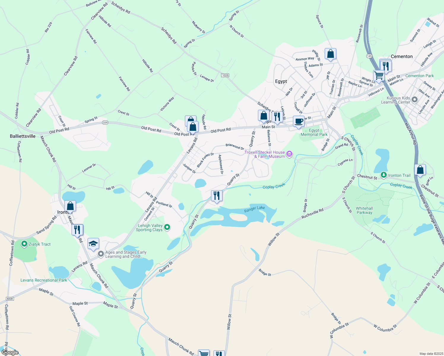 map of restaurants, bars, coffee shops, grocery stores, and more near 2280 Red Maple Dr in Coplay