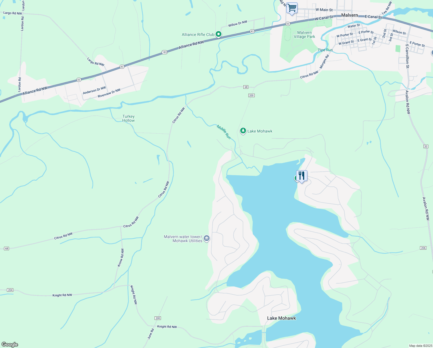 map of restaurants, bars, coffee shops, grocery stores, and more near 37 W Mohawk Dr in Malvern