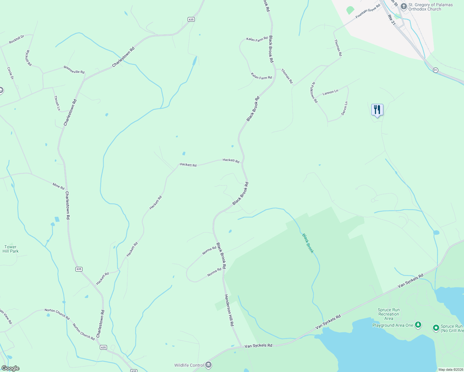 map of restaurants, bars, coffee shops, grocery stores, and more near 135 Black Brook Road in Hampton